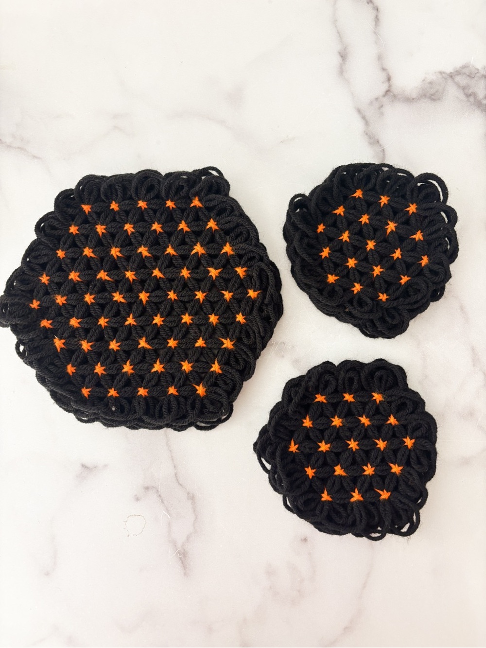 Handmade Black and Orange Crochet Coasters and Trivet Halloween Home Decor